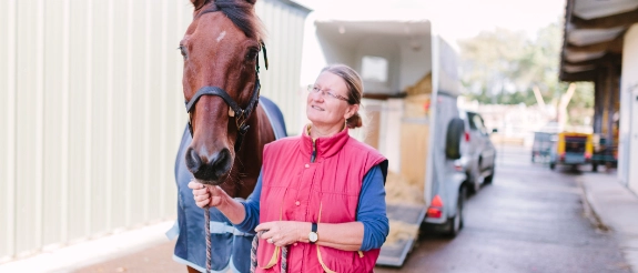 Frau füttert Pferd mit Karotten in einem Stall, trägt rosa Jacke und Brille