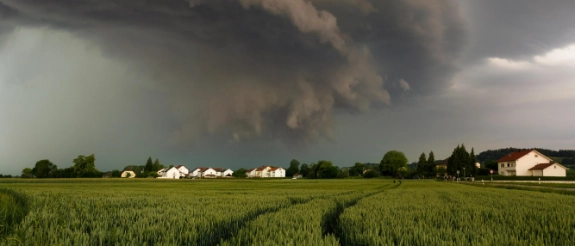 Gewitterwolken über flacher Landschaft mit Getreidefeld, Bauernhöfen und Häusern am Horizont