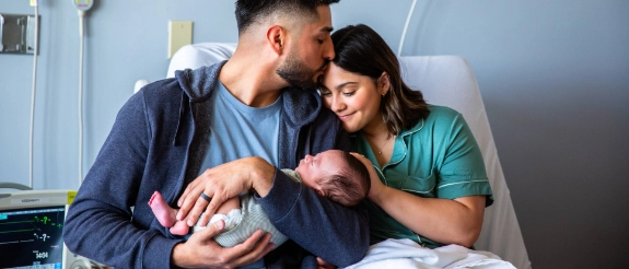 Glückliche Eltern im Krankenhaus halten im Krankenhaus ihr neugeborenes Baby im Arm.