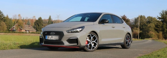 Weißer Hyundai i30 N Performance auf asphaltierter Straße mit grüner Wiese und Bäumen im Hintergrund