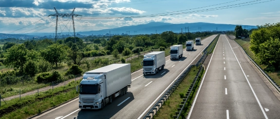 Mehrere Lastkraftwagen auf mehrspuriger Autobahn, grüne Landschaft, Hochspannungsleitungen und Berg im Hintergrund