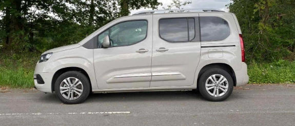 Weißer Citroën Berlingo Kleinbus mit Schiebetüren, geparkt auf Straße neben grüner Vegetation