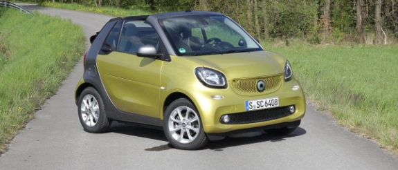 Gelber Fiat 500 steht auf einer Landstraße mit grünem Rasen und Bäumen im Hintergrund