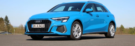 Blauer Audi Q4 e-tron auf asphaltierter Straße vor Nadelwaldkulisse und klarem Himmel