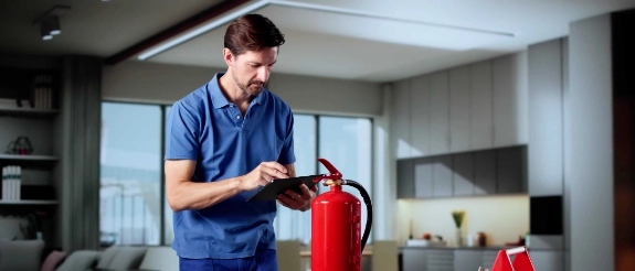 Ein Mann installiert einen Feuerlöscher und liest die Bedienungsanleitung.