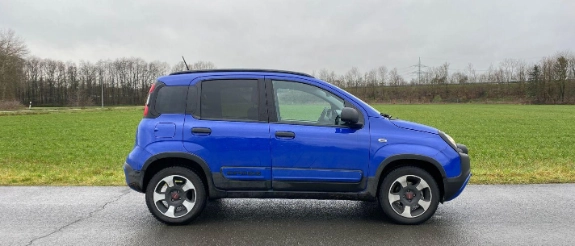 Blauer kompakter SUV in Seitenansicht auf Asphaltstraße, grüne Wiese und kahle Bäume im Hintergrund