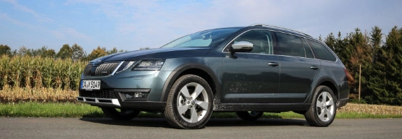 Silberner Skoda Octavia Combi SUV auf Landstraße mit Wiese und Bäumen im Hintergrund