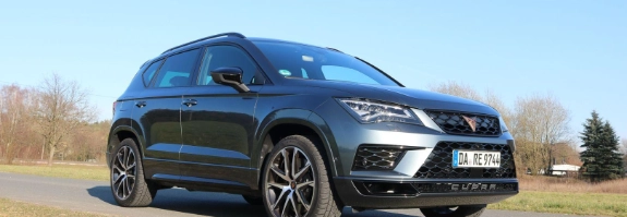 Blauer SUV mit schwarzen Akzenten steht auf Landstraße, klarer Himmel, kahle Bäume im Hintergrund