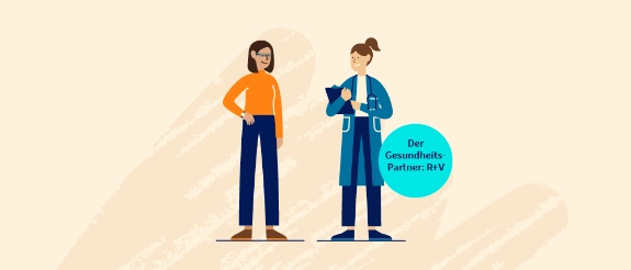 Zwei Frauen stehen sich gegenüber. Eine trägt orange Oberteil und Brille, die andere einen blauen Kittel mit Stethoskop. Callout zeigt "Der Gesundheits-Partner: R+V".