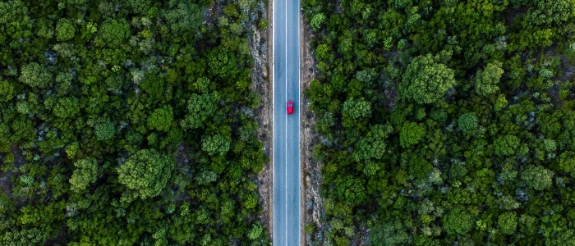 Luftaufnahme eines roten Autos, entlang einer Straße, flankiert durch einen grünen Wald.