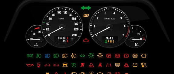 Auto-Display mit Tacho und diversen Kontrollleuchten und Warnsignalen.