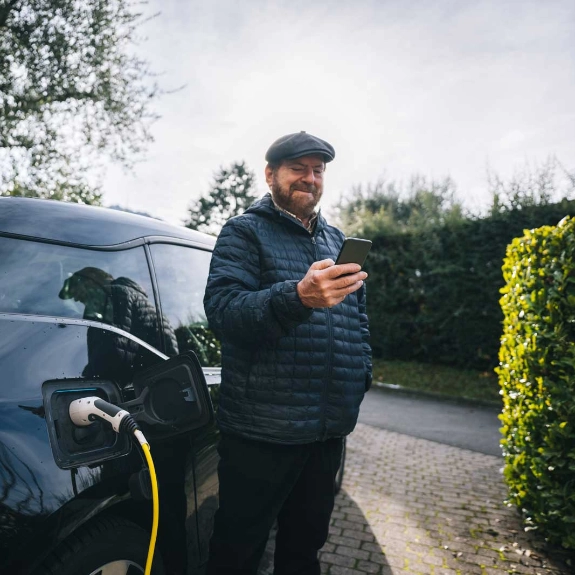 Ein Mann freut sich über die THG-Prämie für sein Elektroauto.