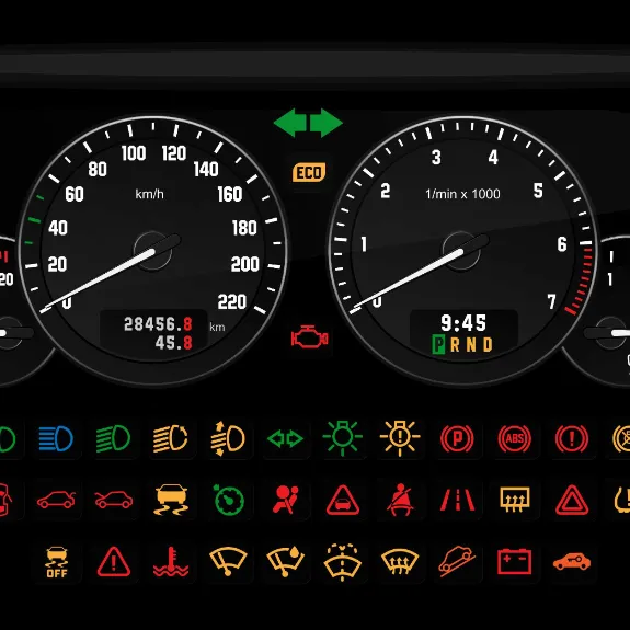 Auto-Display mit Tacho und diversen Kontrollleuchten und Warnsignalen.