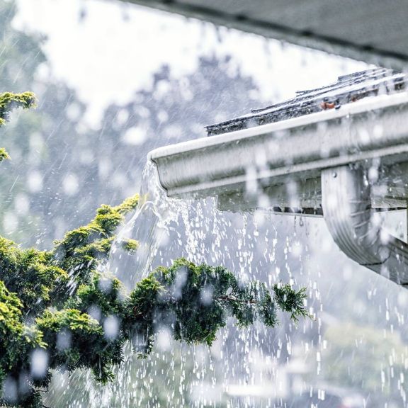 Regen fließt über Hausdach unwetter-haus