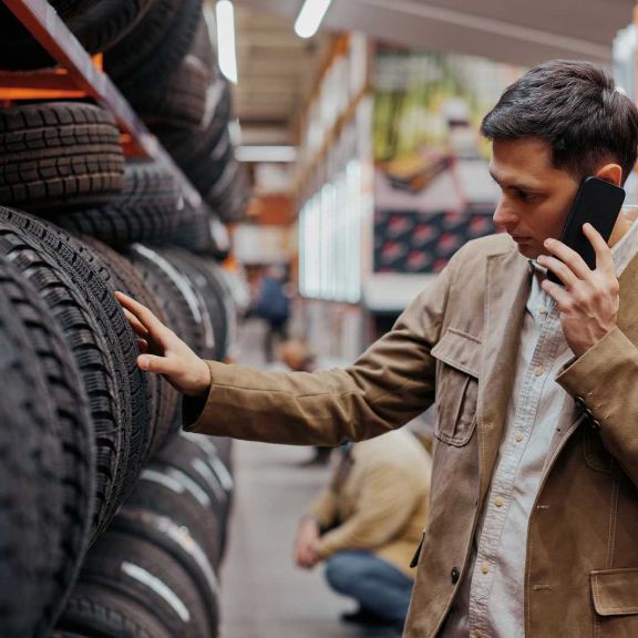 Mann kauft neue Autoreifen