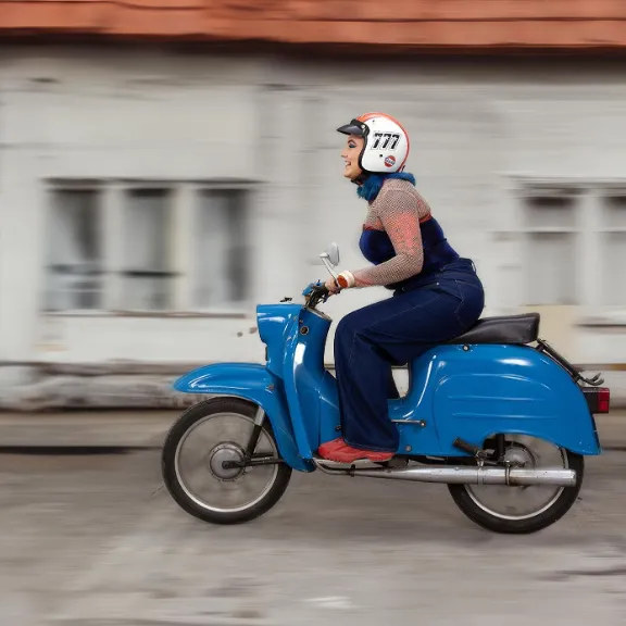 Junge Frau fährt mit Spaß auf Ihrem Moped und denkt mit Freude, dass Sie mit dem Moped gut versichert ist.