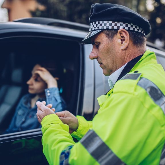 Junge Frau in Polizeikontrolle.