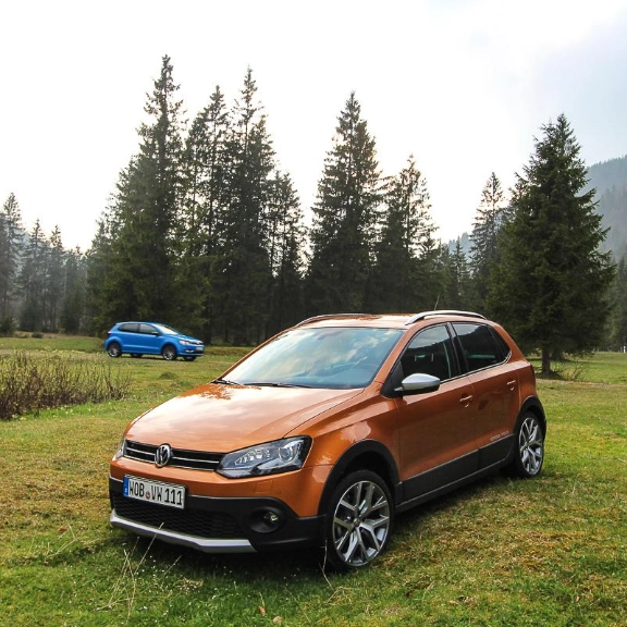 VW CrossPolo auf einer Wiese als Beispiel für ein Modell der Polo-Reihe von Volkswagen.