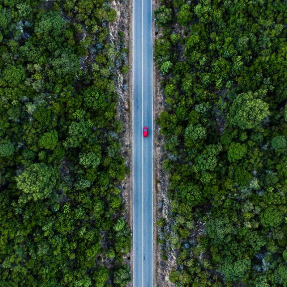 Luftaufnahme eines roten Autos, entlang einer Straße, flankiert durch einen grünen Wald.