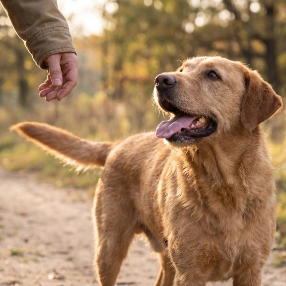 Ein Hund mit seinem Herrchen bei einem Spaziergang im Wald.