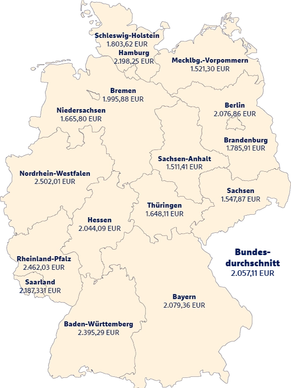 Deutschland-Karte mit Bruttoinlandseinkommen pro Kopf nach Bundesländern 2024