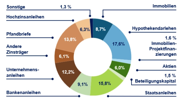 Kreisdiagramm der Geldanlage-Verteilung mit Anteilen für Immobilien, Staatsanleihen, Aktien und weitere Anlageformen in Prozenten.