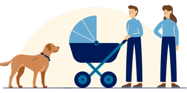 Illustration einer Familie mit Kinderwagen und Hund.