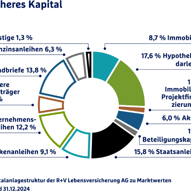 Anlagestruktur des sicheren Kapitals: 8,7 % Immobilien, 17,6 % Hypothekendarlehen, 1,6 % Immobilien-Projektfinanzierungen, 6 % Aktien, 1,5 % Beteiligungskapital, 15,8 % Staatsanleihen, 9,1 % Bankenanleihen, 12,2 % Unternehmensanleihen, 6,1 % Andere Zinsträger, 13,8 % Pfandbriefe, 6,3 % Hochzinsanleihen, 1,3 % Sonstige.