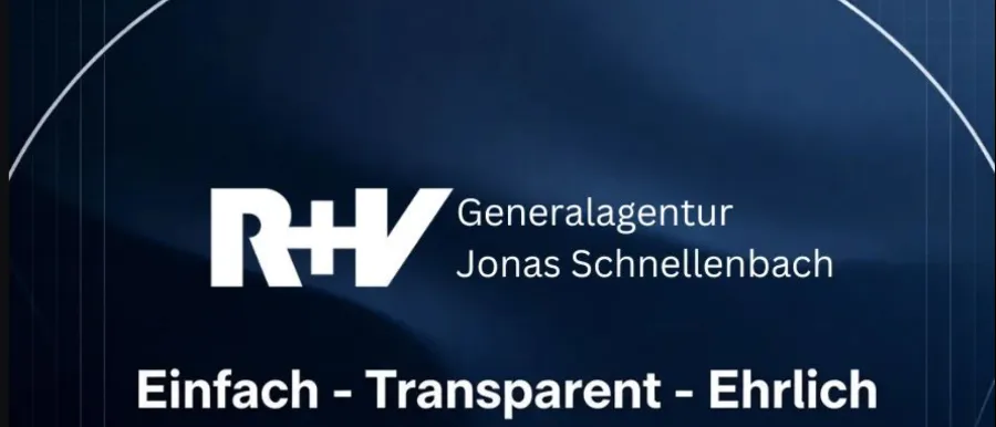 Dunkelblauer R+V-Screen mit weißem Text: „Generalagentur Jonas Schnellenbach“. Darunter der Claim: „Einfach – Transparent – Ehrlich“.