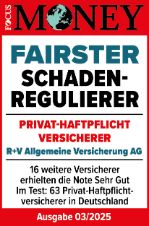 Das Siegel "Fairster Schadenregulierer" von Focus Money mit "Sehr gut" für unsere Haftpflichtversicherung, gültig bis 01.2025.