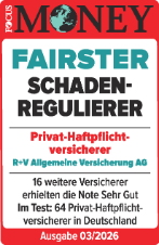 Das Siegel "Fairster Schadenregulierer" von Focus Money mit "Sehr gut" für unsere Haftpflichtversicherung, gültig bis 01.2027.