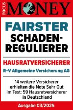 Das Siegel "Fairster Schadenregulierer" von Focus Money mit "Sehr gut" für unsere Hausratversicherung, gültig bis 01.2025.