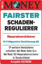 Das Siegel "Fairster Schadenregulierer" von Focus Money mit "Sehr gut" für unsere Hausratversicherung, gültig bis 01.2027.