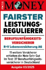 Das Siegel "Fairster Leistungsregulierer" von Focus Money mit "Sehr gut" für unsere Berufsunfähigkeitsversicherung, gültig bis 01.2025.