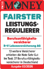 Das Siegel "Fairster Leistungsregulierer" von Focus Money mit "Sehr gut" für unsere Berufsunfähigkeitsversicherung, gültig bis 01.2027.