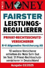 Das Siegel "Fairster Leistungsregulierer" von Focus Money mit "Sehr gut" für unsere Rechtsschutzversicherung, gültig bis 01.2025