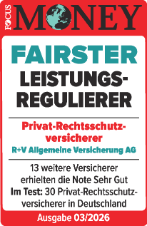 Das Siegel "Fairster Leistungsregulierer" von Focus Money mit "Sehr gut" für unsere Rechtsschutzversicherung, gültig bis 01.2027