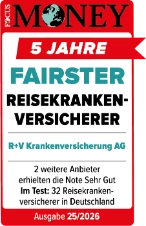 Das Siegel "Fairster Reisekrankenversicherer" wurde von Focus Money für unsere Krankenversicherung mit der Note „Sehr gut“ vergeben. Gültig bis 31.10.2027.