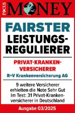 Das Siegel "Fairster Leistungsregulierer" von Focus Money mit "Sehr gut" für unsere Krankenversicherung, gültig bis 01.2026.