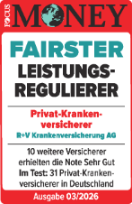 Das Siegel "Fairster Leistungsregulierer" von Focus Money mit "Sehr gut" für unsere Krankenversicherung, gültig bis 01.2027.