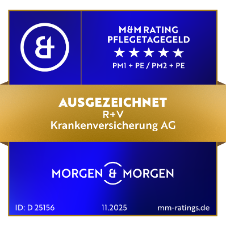 Das Siegel "Pflegetagegeld" von Morgen&Morgen mit "Ausgezeichnet" für unsere R+V-PflegeVorsorge, gültig bis 11.2025.