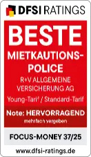 Das Siegel von Focus-Money für unsere Mietkautionspolice mit Note  "hervorragend" gültig bis 05.09.2026