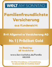 Mit dem Siegel "Familienfreundlichste Versicherung" wurde die R+V Allgemeine Versicherung AG als Nummer 1 von Welt am Sonntag ausgezeichnet (gültig bis Dezember 2026).