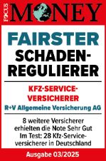 Das Siegel "Fairster Schadenregulierer" von Focus Money mit "Sehr gut" für unsere Kfz-Versicherung, gültig bis 01.2025.