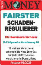 Das Siegel "Fairster Schadenregulierer" von Focus Money mit "Sehr gut" für unsere Kfz-Versicherung, gültig bis 01.2027.