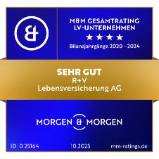 Testsiegel M & M Rating: "Sehr gut" R+V-Lebensversicherung AG Das Siegel "Lebensversicherung-Unternehmen" von Morgen&Morgen mit "Sehr gut" für unsere R+V-Lebensversicherung, gültig bis 10.2025.