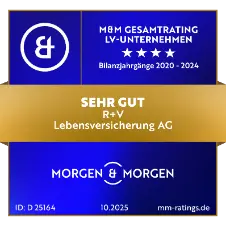 Das Siegel "Lebensversicherung-Unternehmen" von Morgen&Morgen mit "Sehr gut" für unsere R+V-Lebensversicherung, gültig bis Oktober 2026.