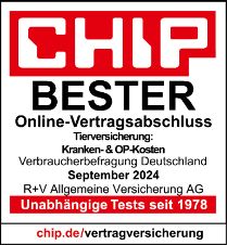 Das Siegel "Bester Online-Vertragsabschluss" wurde vom Portal Chip für unsere Tierversicherung: Kranken- & OP-Kosten vergeben. Gültig bis September 2025.