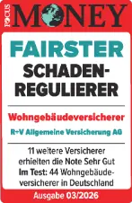 Das Siegel "Fairster Schadenregulierer" von Focus Money mit "Sehr gut" für unsere Wohngebäudeversicherung, gültig bis 01.2027.