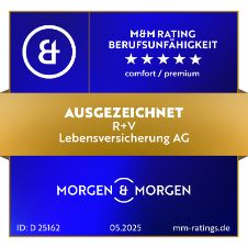 Das Siegel "Berufsunfähigkeit" von Morgen&Morgen mit "Ausgezeichnet" für unsere Lebensversicherung comfort/premium, gültig bis 2026.
